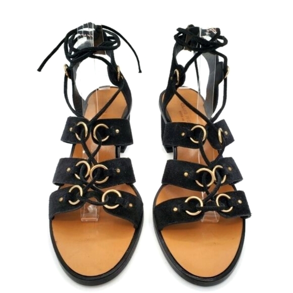 Club Monaco Jonet Black Suede Gold Rings Lace-Up Ankle Wrap Block Heel Sandals - Picture 3 of 12